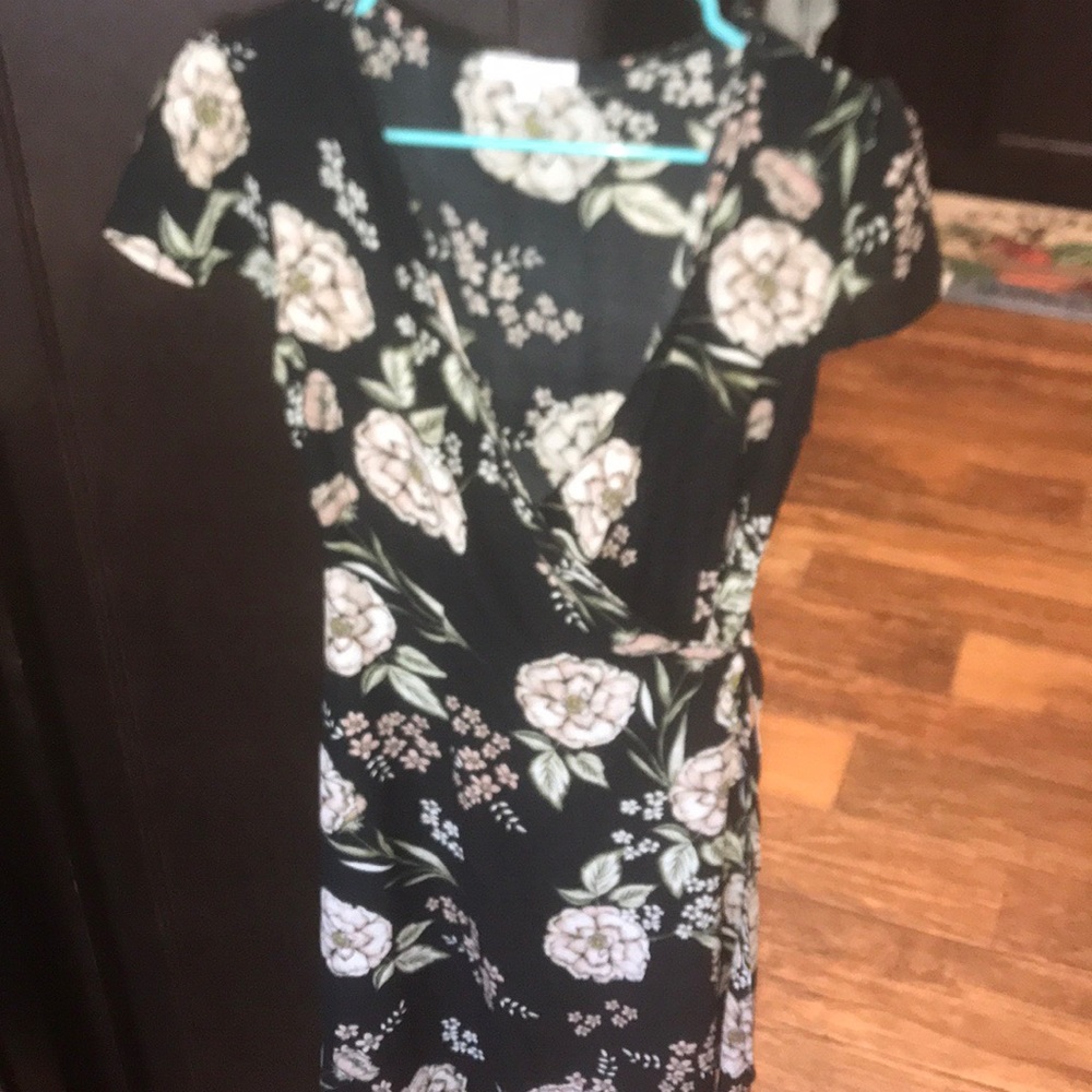 Black floral wrap dress